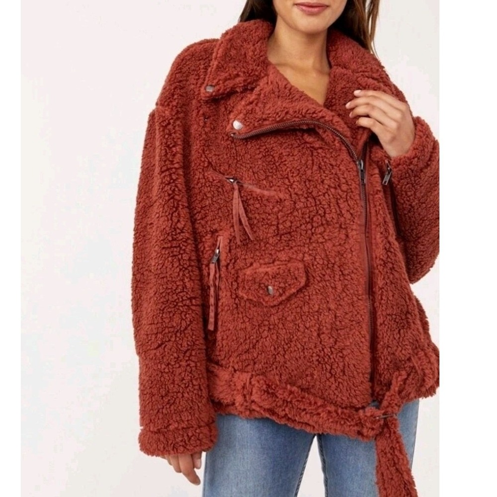 Free‎ People We The Free Teddy Moto Jacket S Orange Rust Fleece Sherpa Zip Coat